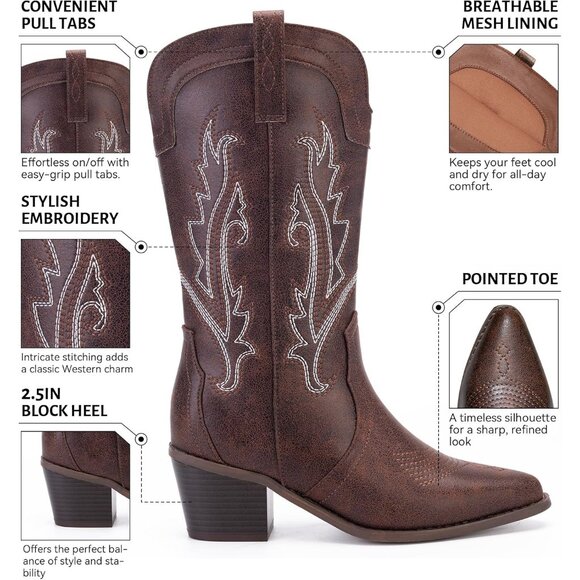 Women's Vintage Dark Brown Embroidered Mid Calf Chunky Western Heel Boots - Picture 4 of 7